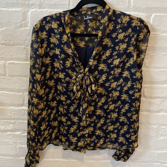 Lulus Lanae Navy Blue and Yellow Floral Print Button-Up Top - Picture 6 of 7